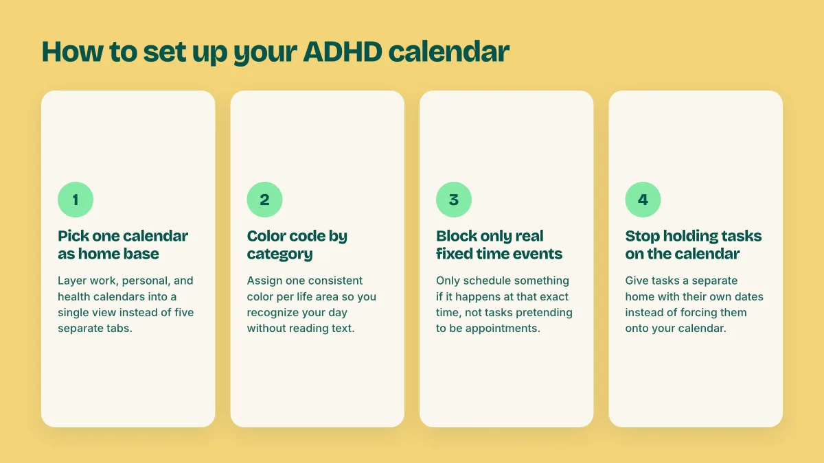 Step by step setup guide for an ADHD friendly Google Calendar or Apple Calendar system