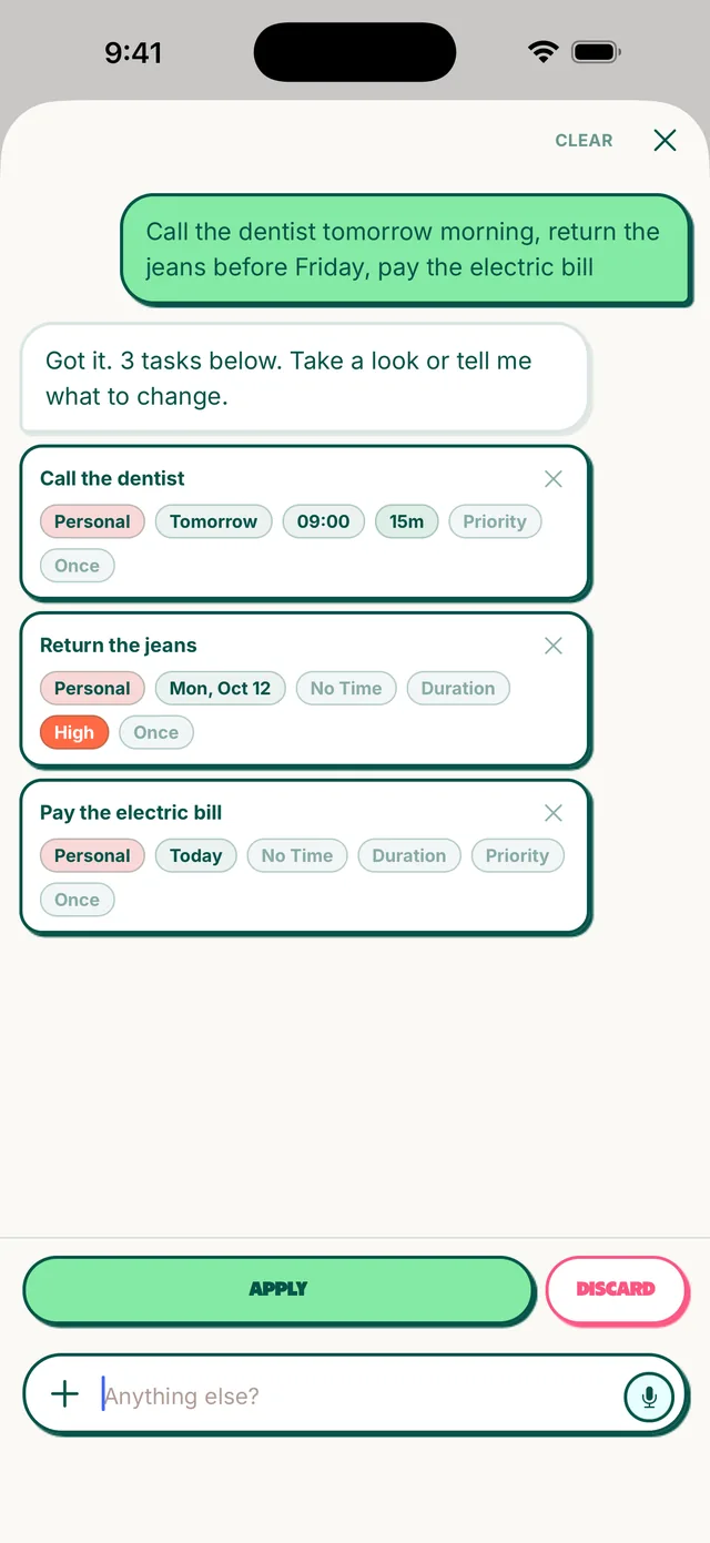 Tasks pulled out of a brain dump, each with a day and a list