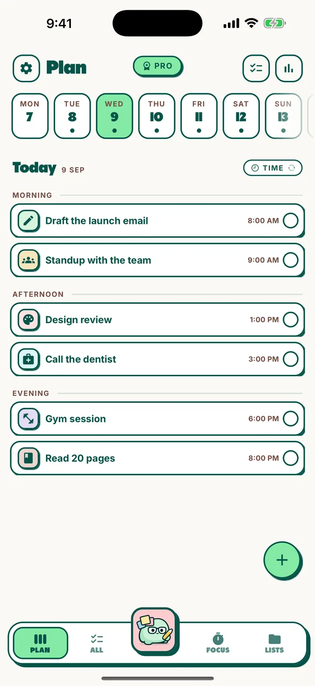 The Plan screen for today