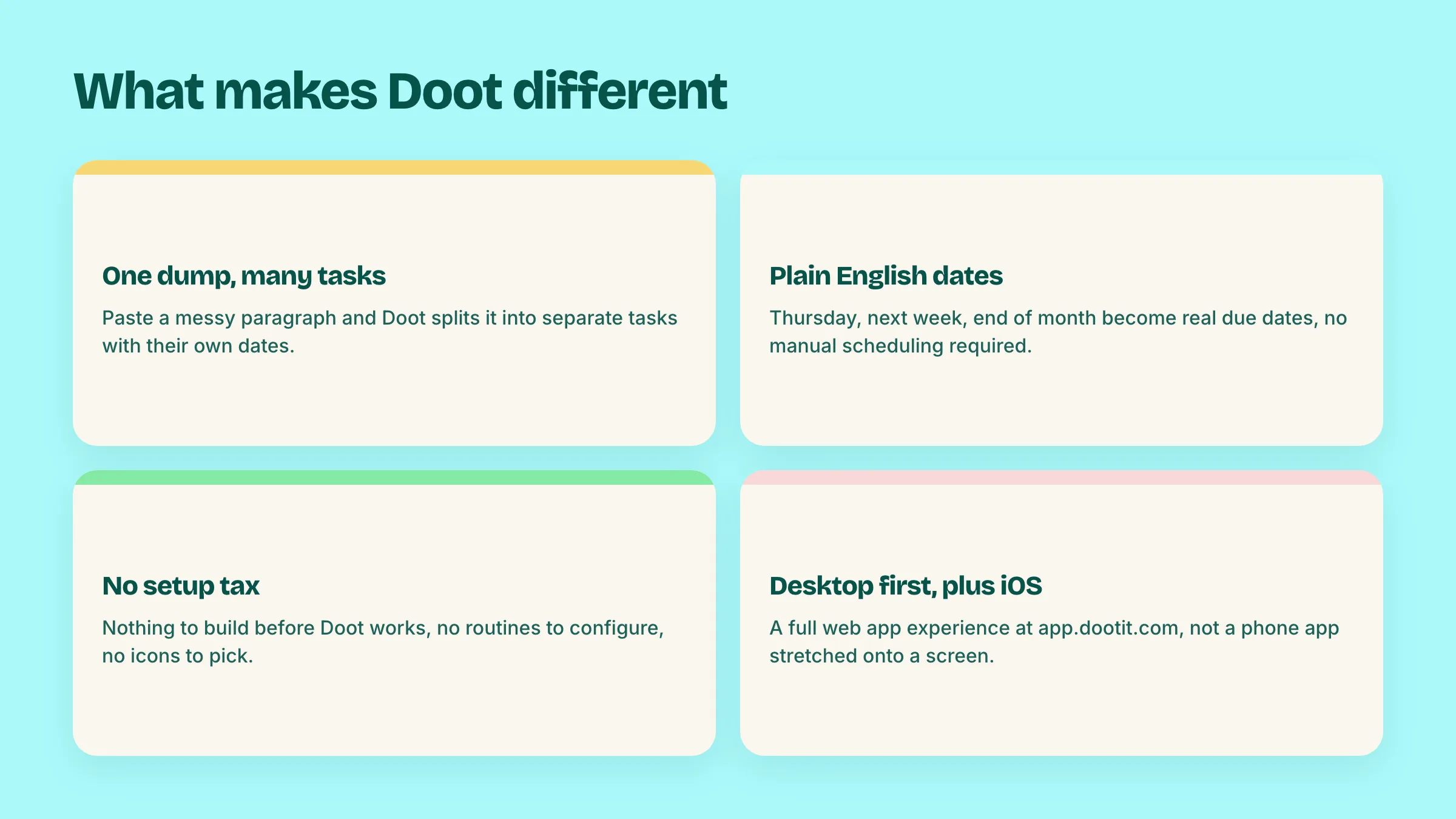 Four cards showing what makes Doot different from Tiimo for free form brain dump capture